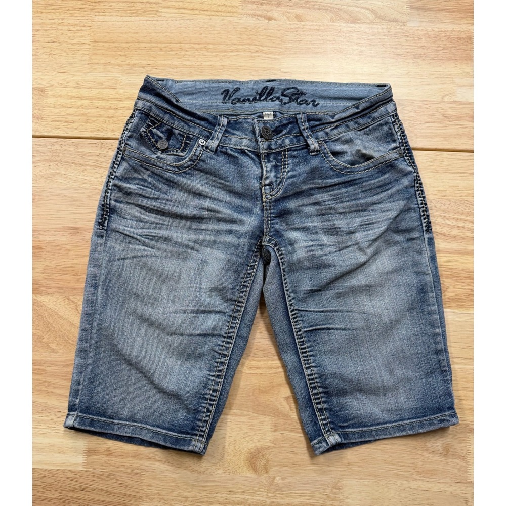 Y2K Vanilla Star Denim Bermuda Shorts Womens 5 Medium Wash Low Rise Embroidered